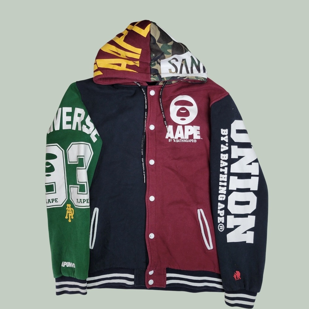 AAPE By A Bathing Ape Colorblock Varsity Hoodie Jacket Multi Graphic Mens M